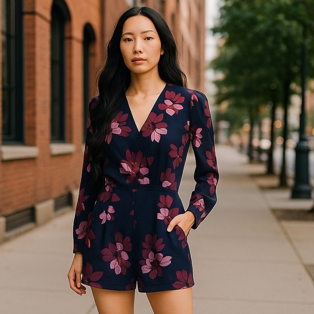 Loft | Floral Romper Navy/Purple Size 00 - Picture 1 of 5